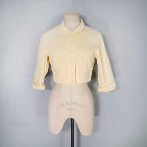 50s CROPPED PALE YELLOW CORDUROY BOLERO DRESS JACKET - XS-S