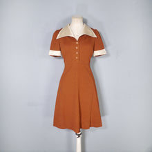 Load image into Gallery viewer, 70s TWOTONE BRONZE AND CREAM COLLARED 70s MINI TEA DRESS - S