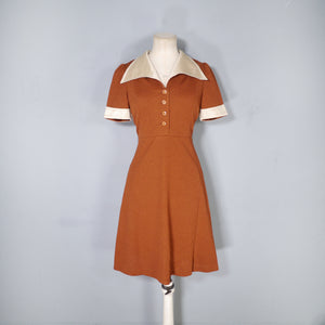 70s TWOTONE BRONZE AND CREAM COLLARED 70s MINI TEA DRESS - S