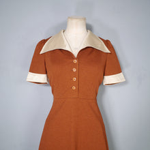 Load image into Gallery viewer, 70s TWOTONE BRONZE AND CREAM COLLARED 70s MINI TEA DRESS - S