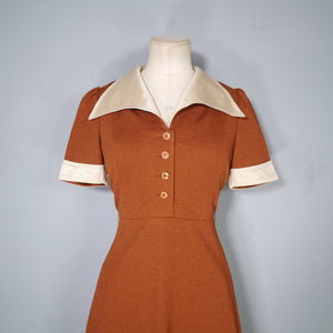 70s TWOTONE BRONZE AND CREAM COLLARED 70s MINI TEA DRESS - S