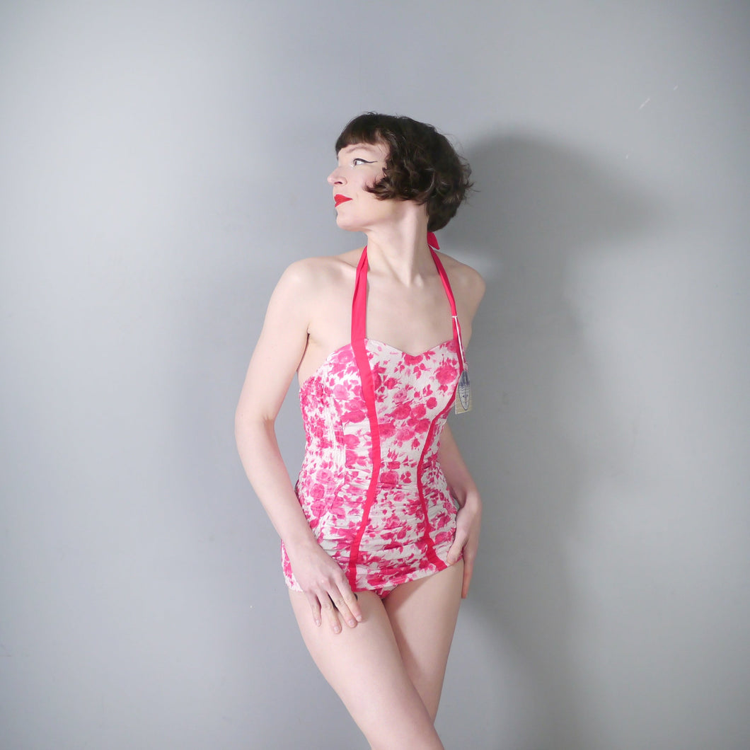 50s JANET DICKINSON PINK FLORAL SHIRRED SWIMSUIT - XS-S