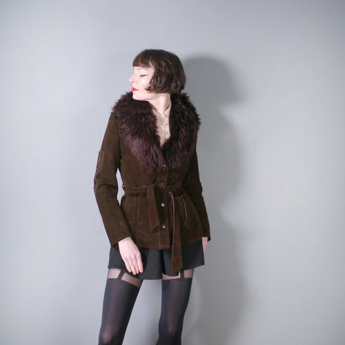 70s BROWN SUEDE AND SHEEPSKIN ARROW PATCH COAT JACKET - S