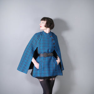 70s RICH BLUE TAPESTRY WELSH WOOL CAPE - S-M