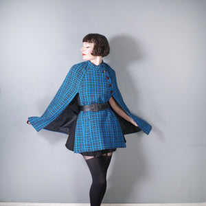 70s RICH BLUE TAPESTRY WELSH WOOL CAPE - S-M