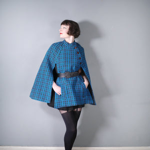 70s RICH BLUE TAPESTRY WELSH WOOL CAPE - S-M