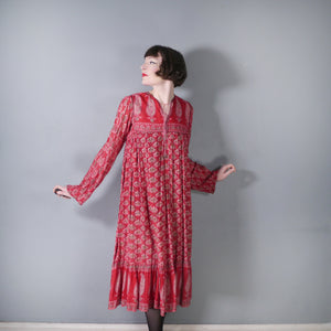 70s RASPBERRY RED LIGHT GAUZE INDIAN COTTON TUNIC DRESS - S