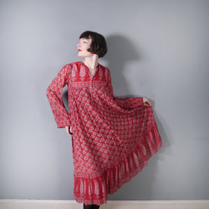 70s RASPBERRY RED LIGHT GAUZE INDIAN COTTON TUNIC DRESS - S