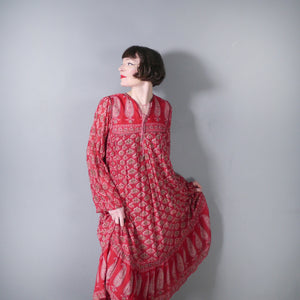 70s RASPBERRY RED LIGHT GAUZE INDIAN COTTON TUNIC DRESS - S