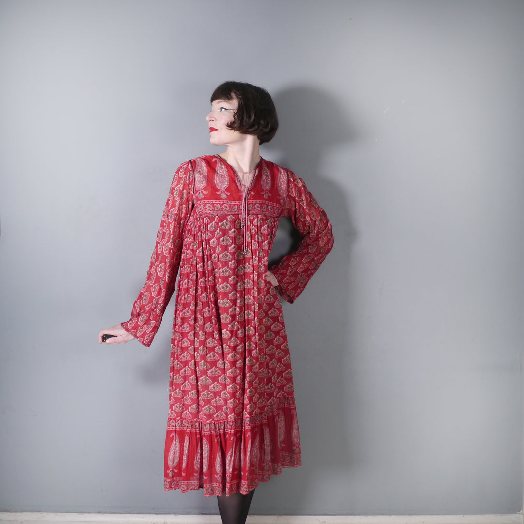 70s RASPBERRY RED LIGHT GAUZE INDIAN COTTON TUNIC DRESS - S