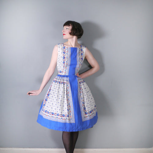 60s FASHION FIRST BLUE WHITE FLORAL FULL SKIRTED DAY DRESS - M