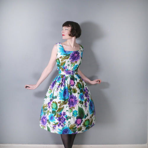 50s 60s COLOURFUL FLORAL COTTON DAY DRESS WITH FULL SKIRT AND BELT - L / volup