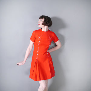 60s RED SHIFT DRESS WITH PLEAT AND BUTTON DETAIL - XS-S