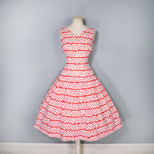 Load image into Gallery viewer, 50s RED AND WHITE BOW STRIPE AND POLKA DOT RHINESTONED DRESS - S