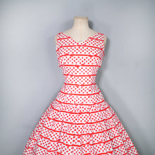 Load image into Gallery viewer, 50s RED AND WHITE BOW STRIPE AND POLKA DOT RHINESTONED DRESS - S