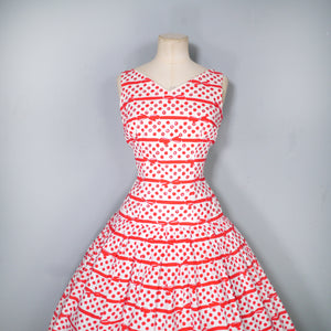 50s RED AND WHITE BOW STRIPE AND POLKA DOT RHINESTONED DRESS - S