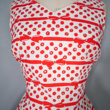 Load image into Gallery viewer, 50s RED AND WHITE BOW STRIPE AND POLKA DOT RHINESTONED DRESS - S