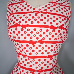 50s RED AND WHITE BOW STRIPE AND POLKA DOT RHINESTONED DRESS - S