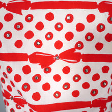 Load image into Gallery viewer, 50s RED AND WHITE BOW STRIPE AND POLKA DOT RHINESTONED DRESS - S