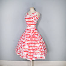 Load image into Gallery viewer, 50s RED AND WHITE BOW STRIPE AND POLKA DOT RHINESTONED DRESS - S