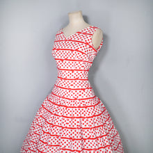 Load image into Gallery viewer, 50s RED AND WHITE BOW STRIPE AND POLKA DOT RHINESTONED DRESS - S