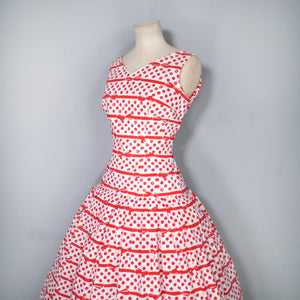 50s RED AND WHITE BOW STRIPE AND POLKA DOT RHINESTONED DRESS - S