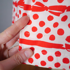 50s RED AND WHITE BOW STRIPE AND POLKA DOT RHINESTONED DRESS - S