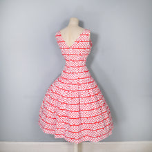 Load image into Gallery viewer, 50s RED AND WHITE BOW STRIPE AND POLKA DOT RHINESTONED DRESS - S