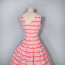 Load image into Gallery viewer, 50s RED AND WHITE BOW STRIPE AND POLKA DOT RHINESTONED DRESS - S