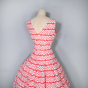 50s RED AND WHITE BOW STRIPE AND POLKA DOT RHINESTONED DRESS - S