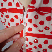 Load image into Gallery viewer, 50s RED AND WHITE BOW STRIPE AND POLKA DOT RHINESTONED DRESS - S