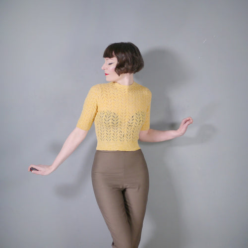 40s HANDKNITTED LACE PATTERN YELLOW CROPPED WOOL JUMPER - XS