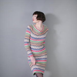 HANDMADE MISSONI STYLE ZIGZAG KNIT FITTED JUMPER DRESS WITH COWL NECK - M