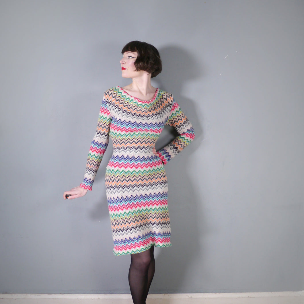 HANDMADE MISSONI STYLE ZIGZAG KNIT FITTED JUMPER DRESS WITH COWL NECK - M