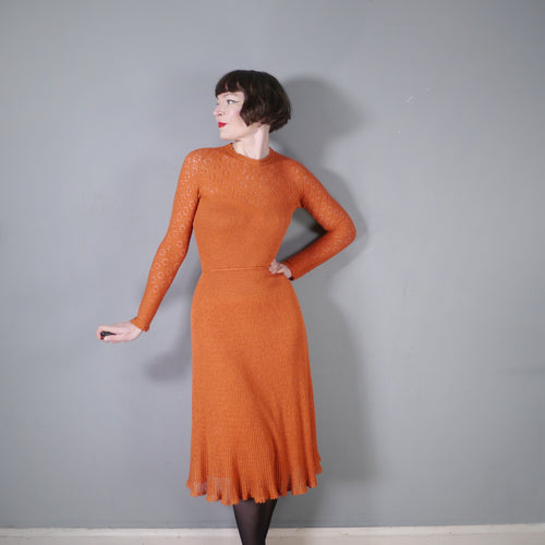 70S RUST ORANGE LACE AND RIB KNIT AUTUMN DRESS - M