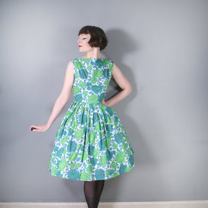 50s 60s VIVID GREEN LARGE FLORAL PRINT FULL SKIRTED COTTON DRESS - S-M