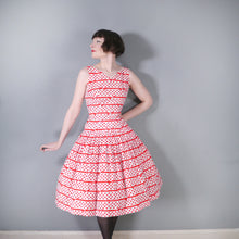 Load image into Gallery viewer, 50s RED AND WHITE BOW STRIPE AND POLKA DOT RHINESTONED DRESS - S