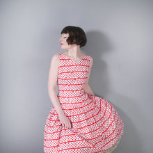 Load image into Gallery viewer, 50s RED AND WHITE BOW STRIPE AND POLKA DOT RHINESTONED DRESS - S