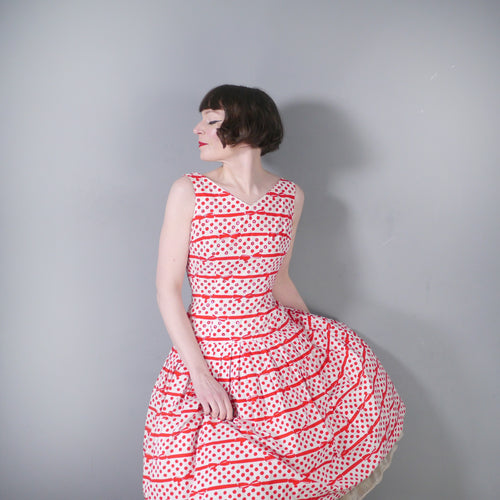 50s RED AND WHITE BOW STRIPE AND POLKA DOT RHINESTONED DRESS - S