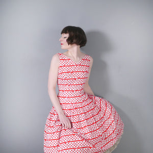 50s RED AND WHITE BOW STRIPE AND POLKA DOT RHINESTONED DRESS S Sartorial Matters