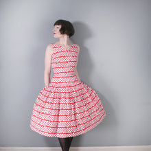 Load image into Gallery viewer, 50s RED AND WHITE BOW STRIPE AND POLKA DOT RHINESTONED DRESS - S