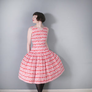 50s RED AND WHITE BOW STRIPE AND POLKA DOT RHINESTONED DRESS - S