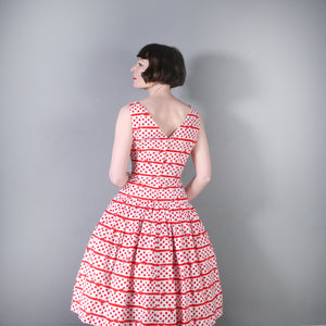 50s RED AND WHITE BOW STRIPE AND POLKA DOT RHINESTONED DRESS - S