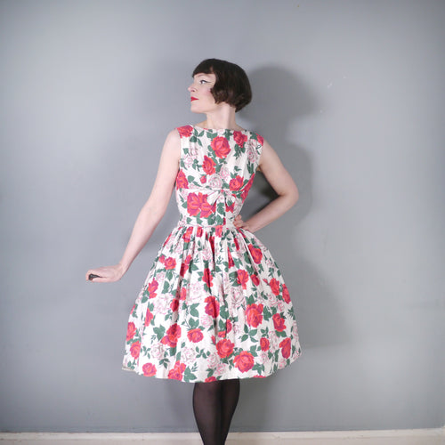50s RED ROSE FLORAL FULL SKIRTED COTTON DAY DRESS - S