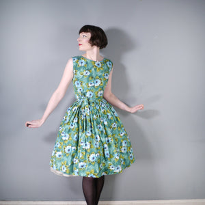 50s BLUE GREEN FLORAL PRINT HANDMADE COTTON DAY DRESS - S