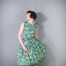 Load image into Gallery viewer, 50s BLUE GREEN FLORAL PRINT HANDMADE COTTON DAY DRESS - S