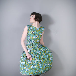 50s BLUE GREEN FLORAL PRINT HANDMADE COTTON DAY DRESS - S