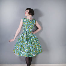 Load image into Gallery viewer, 50s BLUE GREEN FLORAL PRINT HANDMADE COTTON DAY DRESS - S