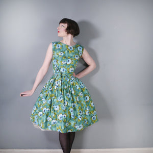 50s BLUE GREEN FLORAL PRINT HANDMADE COTTON DAY DRESS - S