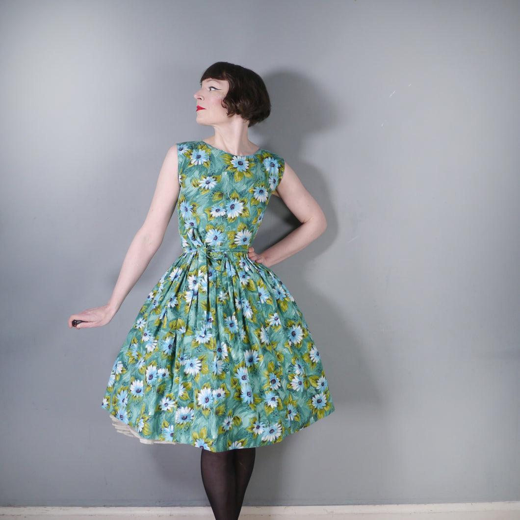 50s BLUE GREEN FLORAL PRINT HANDMADE COTTON DAY DRESS - S